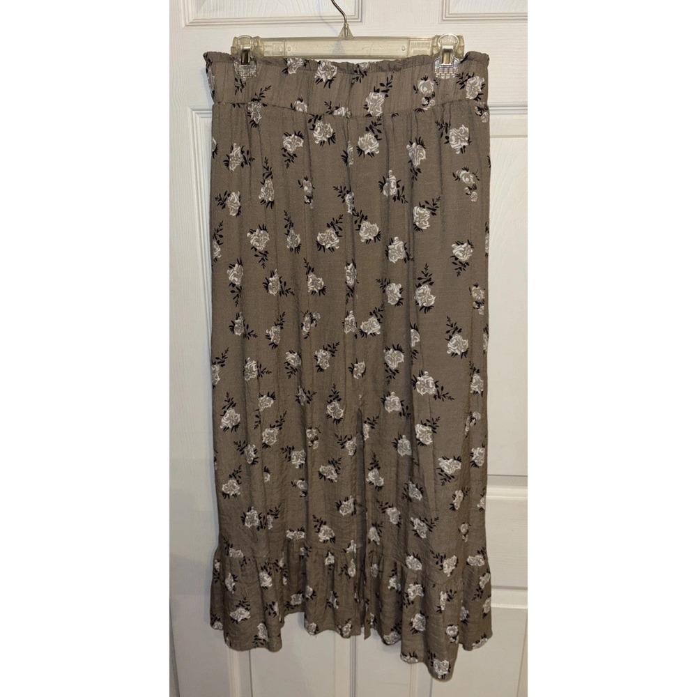 Bibi XL Tan Ivory Green Floral Midi Skirt Cottagecore Prairie Boho Slit Pull On - Picture 1 of 12